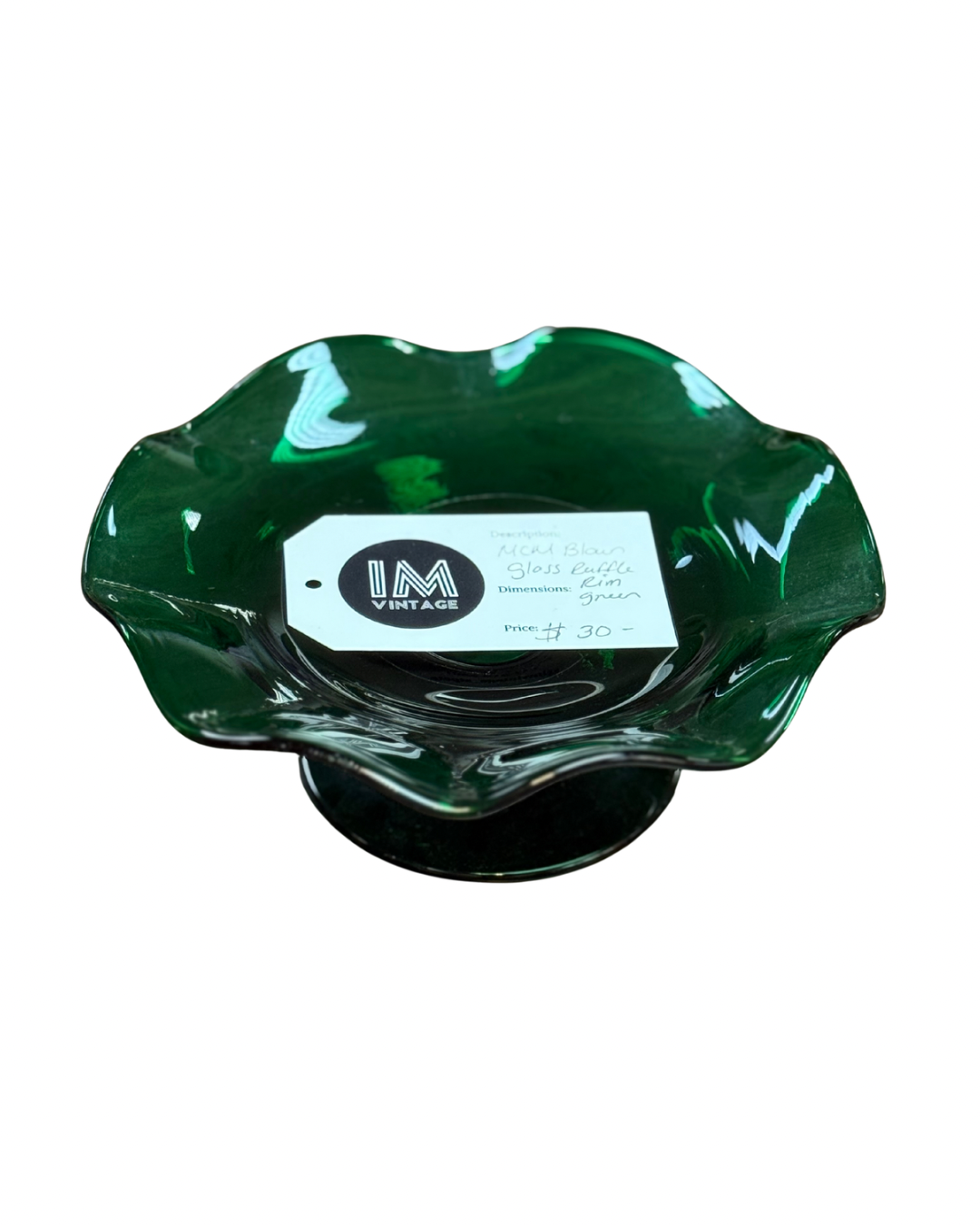 MCM Blown Glass Ruffle Rim Green Bowl/Dish