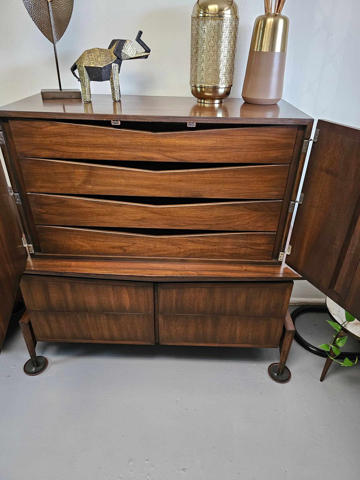 Helen Hobey Baker MCM Dresser/Armoire/Tall Chest, Walnut and Brass 1950s