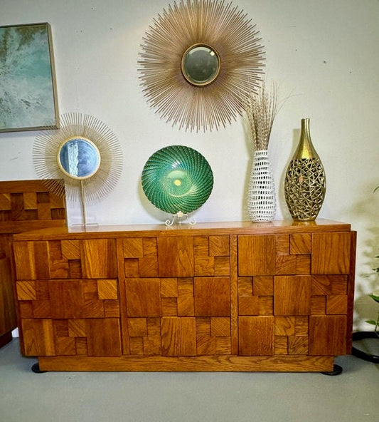 Lane Staccato Brutalist Vintage MCM Oak Dresser 1960s