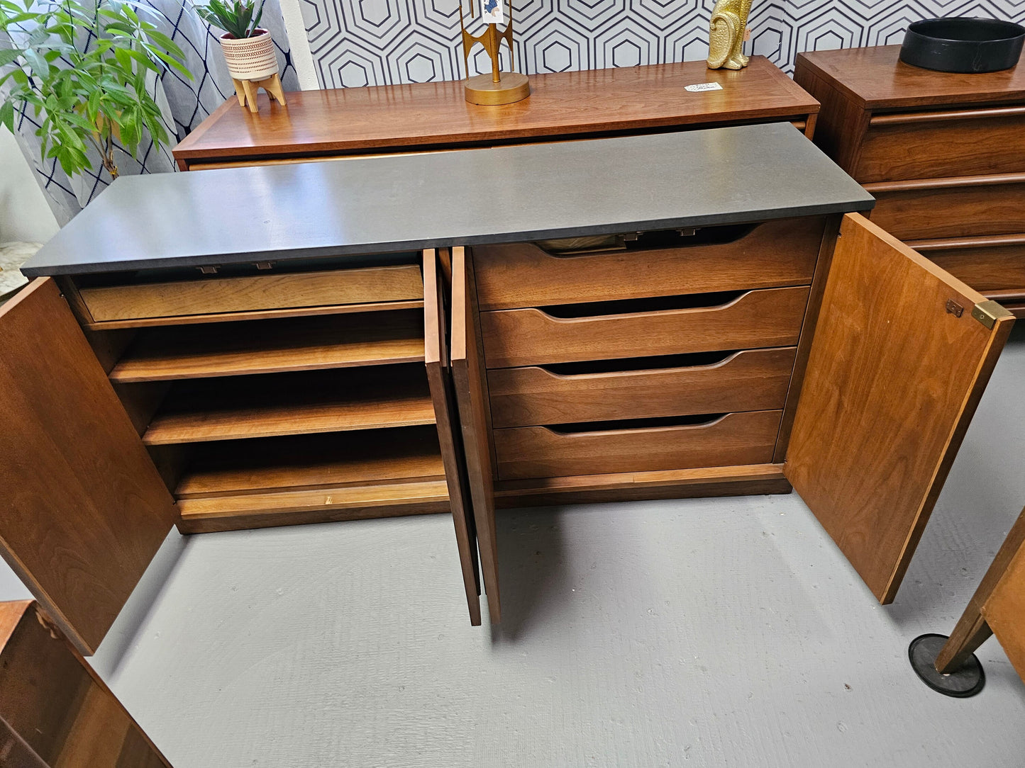 Broyhill Sulptra - Buffet / Credenza - Walnut Slate top - 1960s