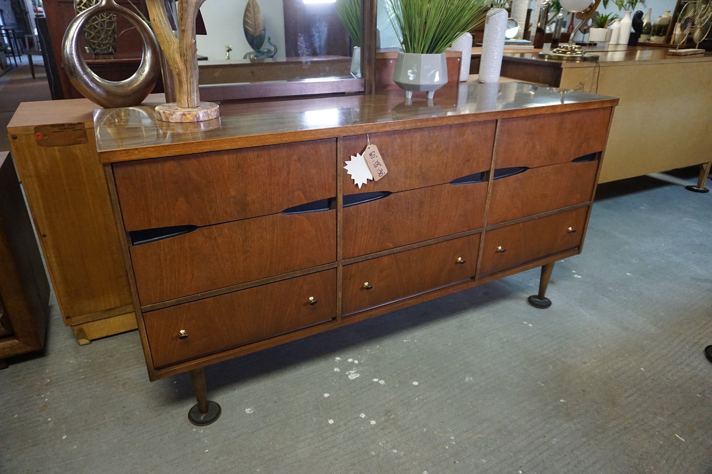 Mid-Century Modern Bassett Vintage Glass Top Dresser/Vanity With Mirror