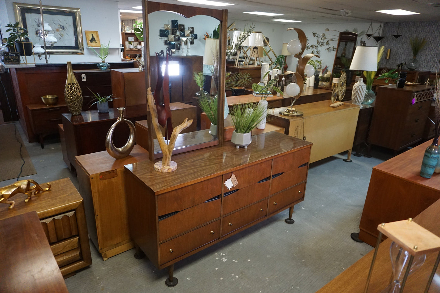 Mid-Century Modern Bassett Vintage Glass Top Dresser/Vanity With Mirror