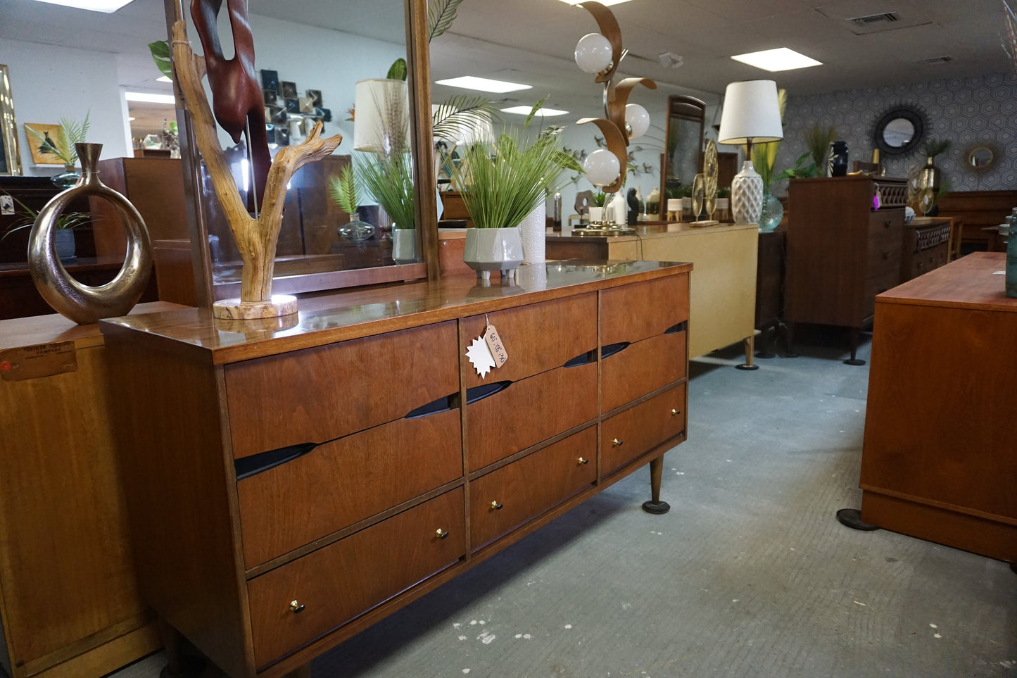 Mid-Century Modern Bassett Vintage Glass Top Dresser/Vanity With Mirror