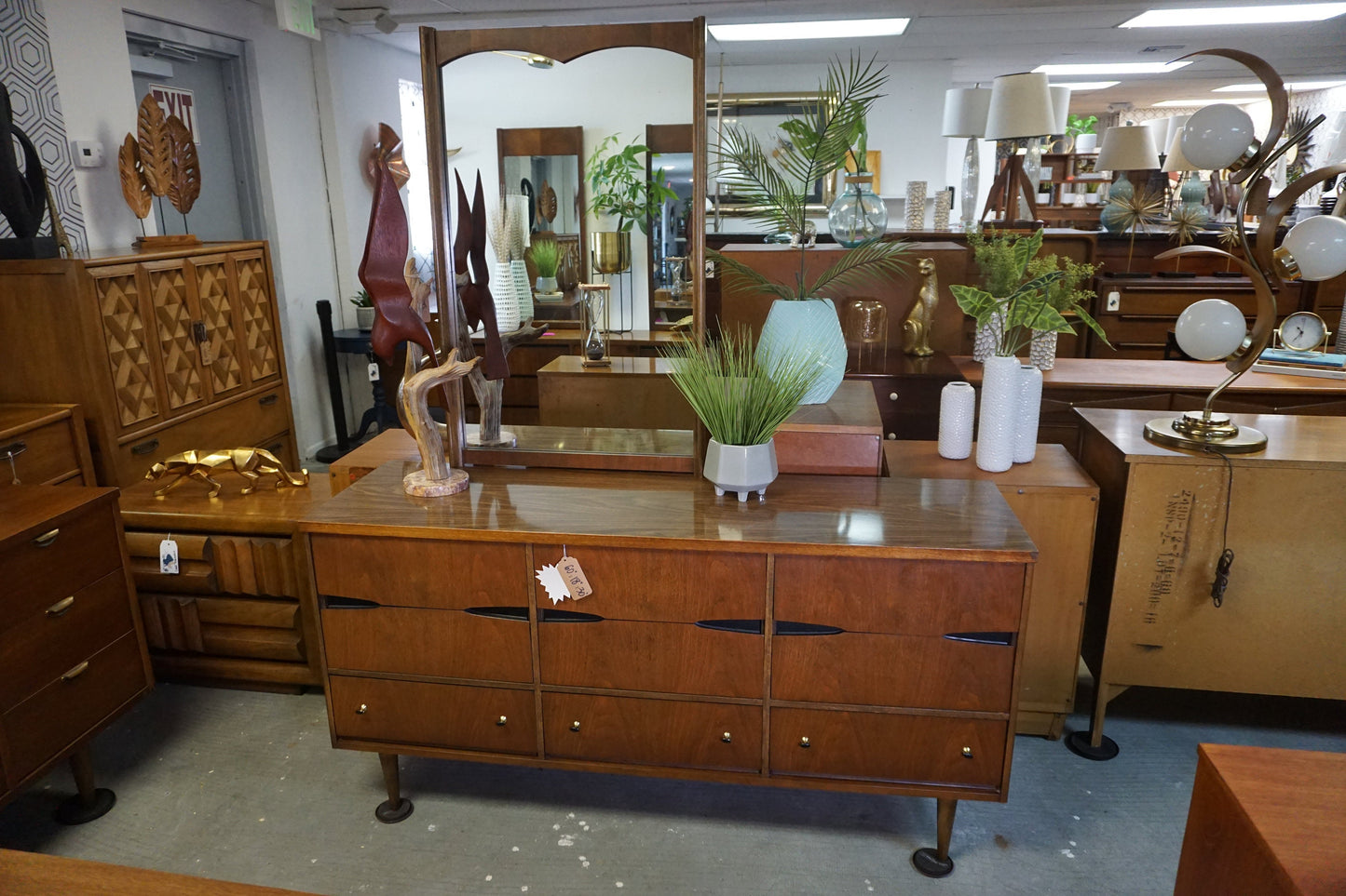 Mid-Century Modern Bassett Vintage Glass Top Dresser/Vanity With Mirror