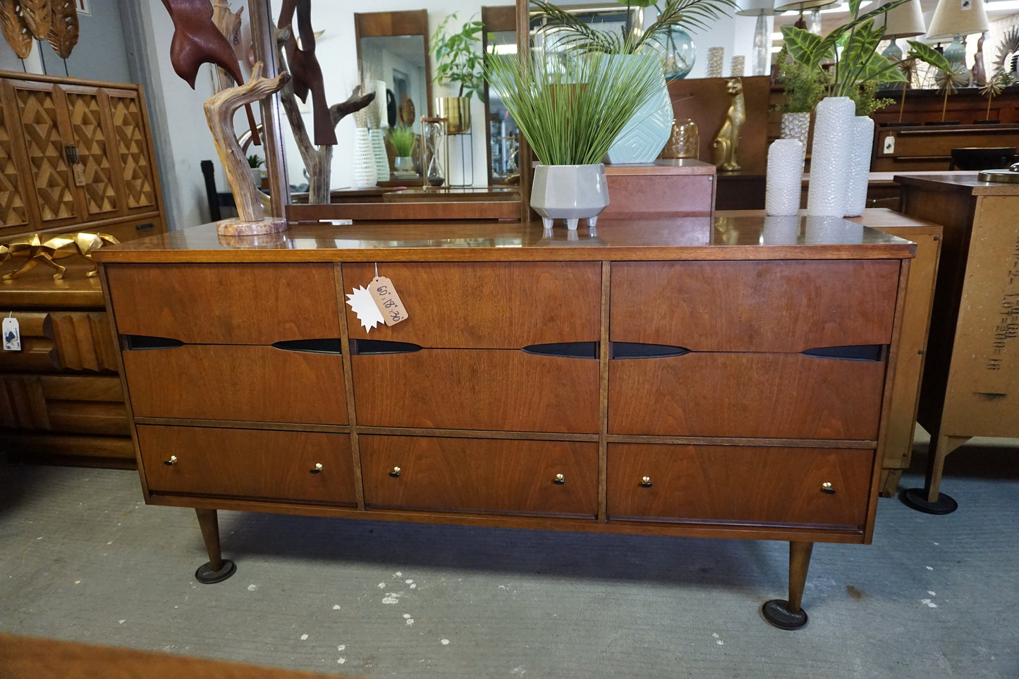 Mid-Century Modern Bassett Vintage Glass Top Dresser/Vanity With Mirror