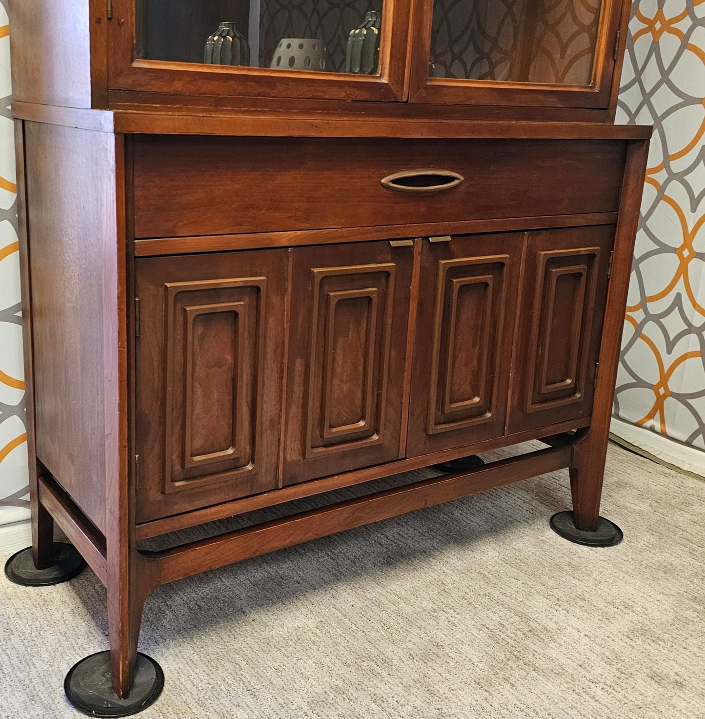 Vintage MCM Small China Cabinet Walnut Sculptra Style 1960s