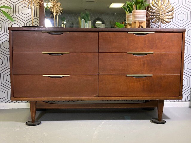 Mid Century Modern Dresser: Kent Coffey the Tableau Model Vintage MCM Dresser Walnut & Brass